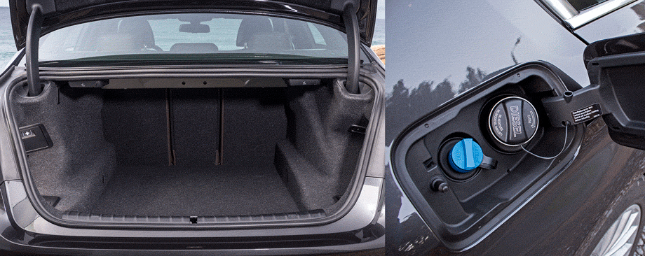             Объём багажника «пятёрки» увеличился на 10 л — до 530. Части спинок заднего дивана в сложенном виде не образуют ступеньки с полом, но располагаются к нему под углом. Рядом с горловиной топливного бака дизельной версии — ёмкость для присадки AdBlue.
