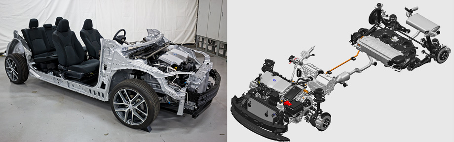  Слева — ключевая картинка, которой в Тойоте иллюстрируют модульную архитектуру TNGA: надень на этот остов другой кузов — получишь новую модель, а в будущем — и автомобиль иного класса. Справа — претерпевшая батарейную рокировку схема расположения агрегатов: тяговая батарея перемещена из багажника под заднее сиденье, а стартерная, 12-вольтовая, — под капот. 
